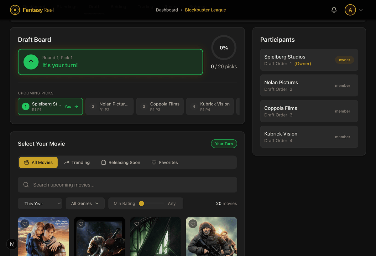 Fantasy Reel draft board interface